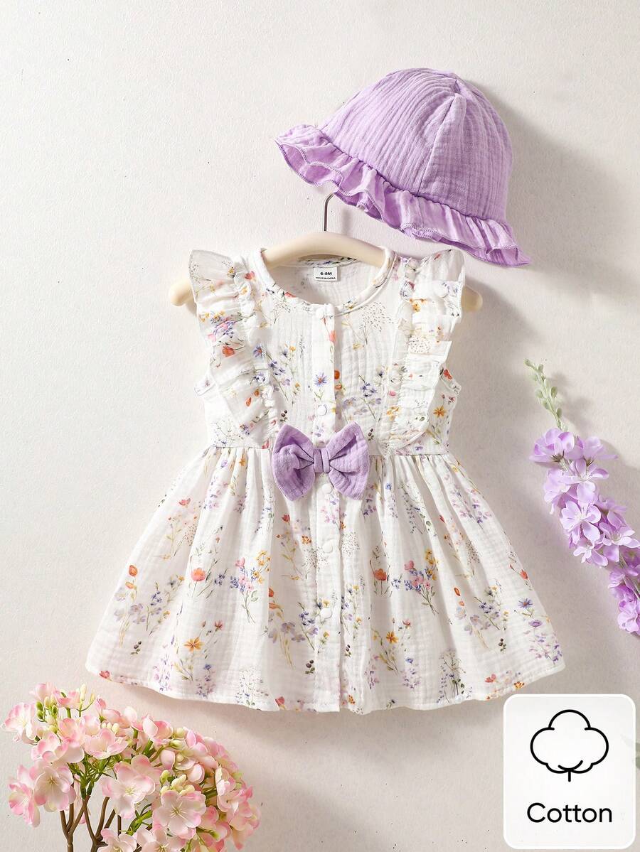 Baby Cherry Print Sleeveless Dress and Red Hat Set for Cute Summer Outings