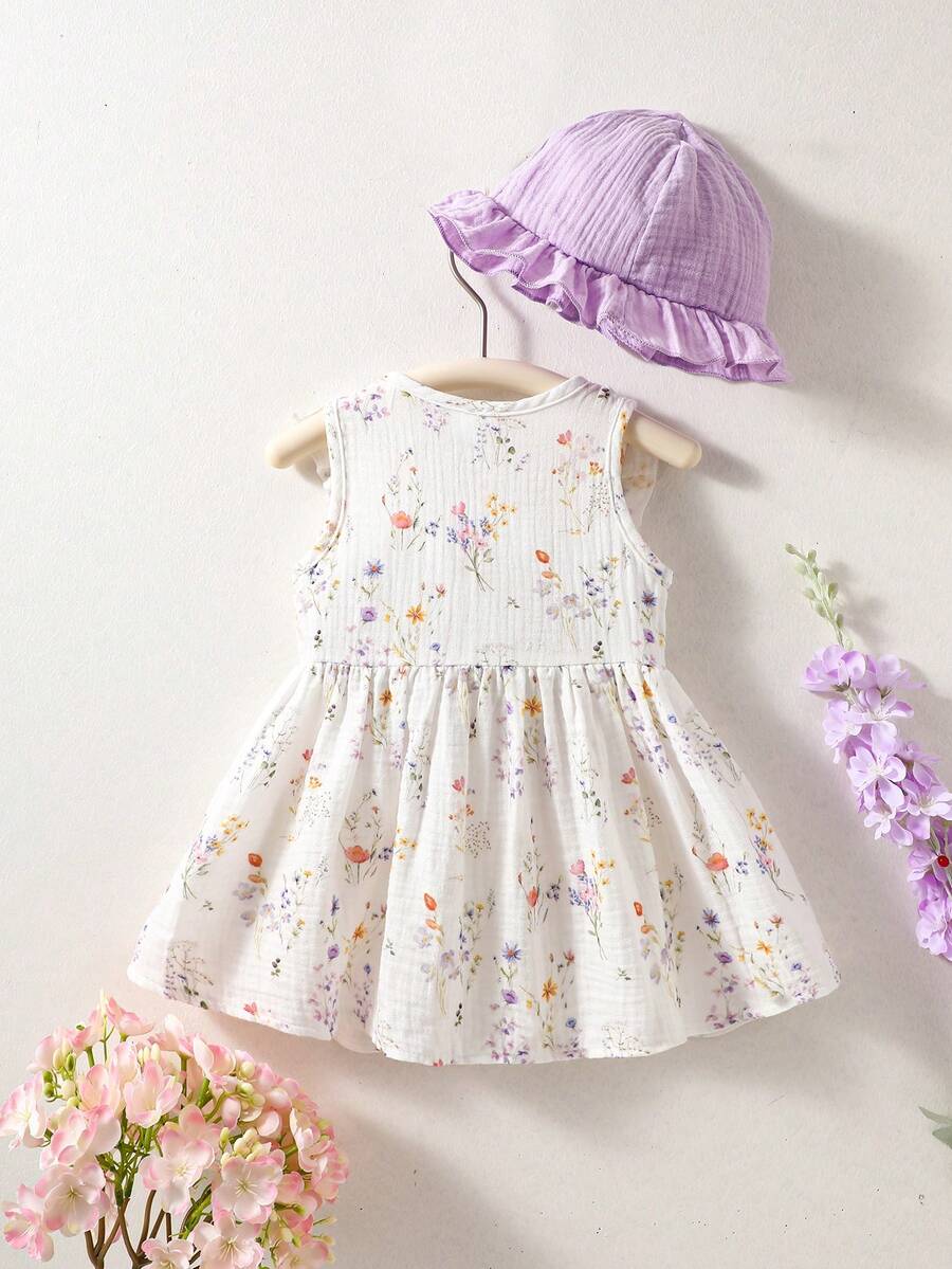 Baby Cherry Print Sleeveless Dress and Red Hat Set for Cute Summer Outings