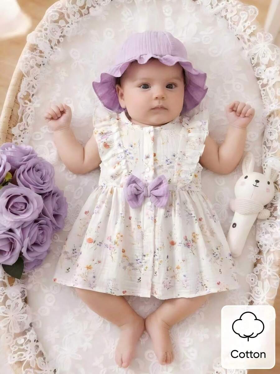 Baby Cherry Print Sleeveless Dress and Red Hat Set for Cute Summer Outings