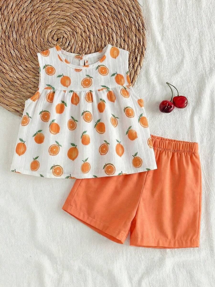 Cherry Print Sleeveless Top and Red Shorts Set for Baby Girls