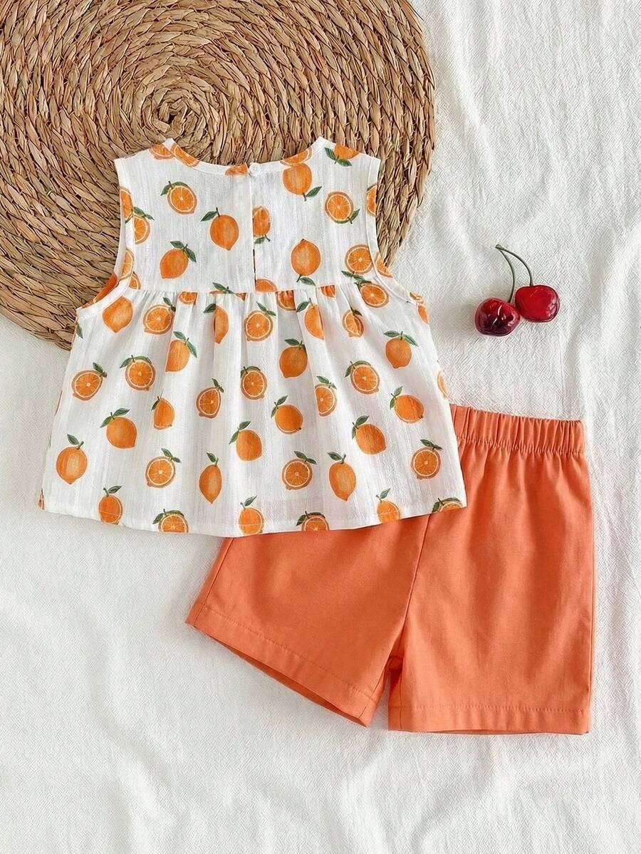 Cherry Print Sleeveless Top and Red Shorts Set for Baby Girls