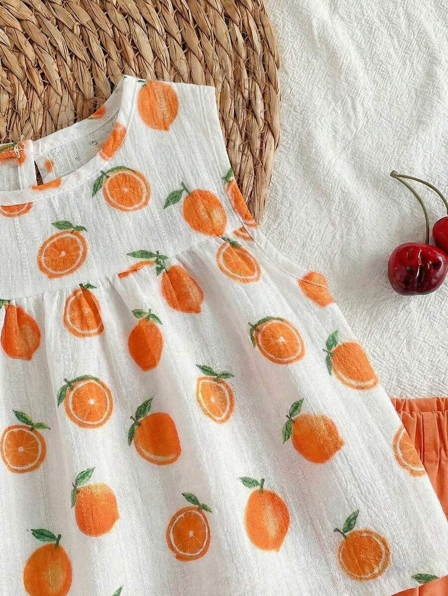 Cherry Print Sleeveless Top and Red Shorts Set for Baby Girls