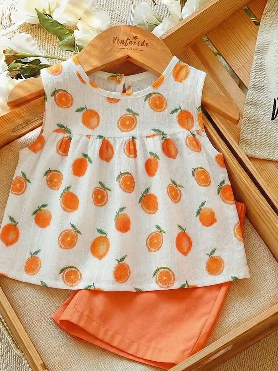 Cherry Print Sleeveless Top and Red Shorts Set for Baby Girls