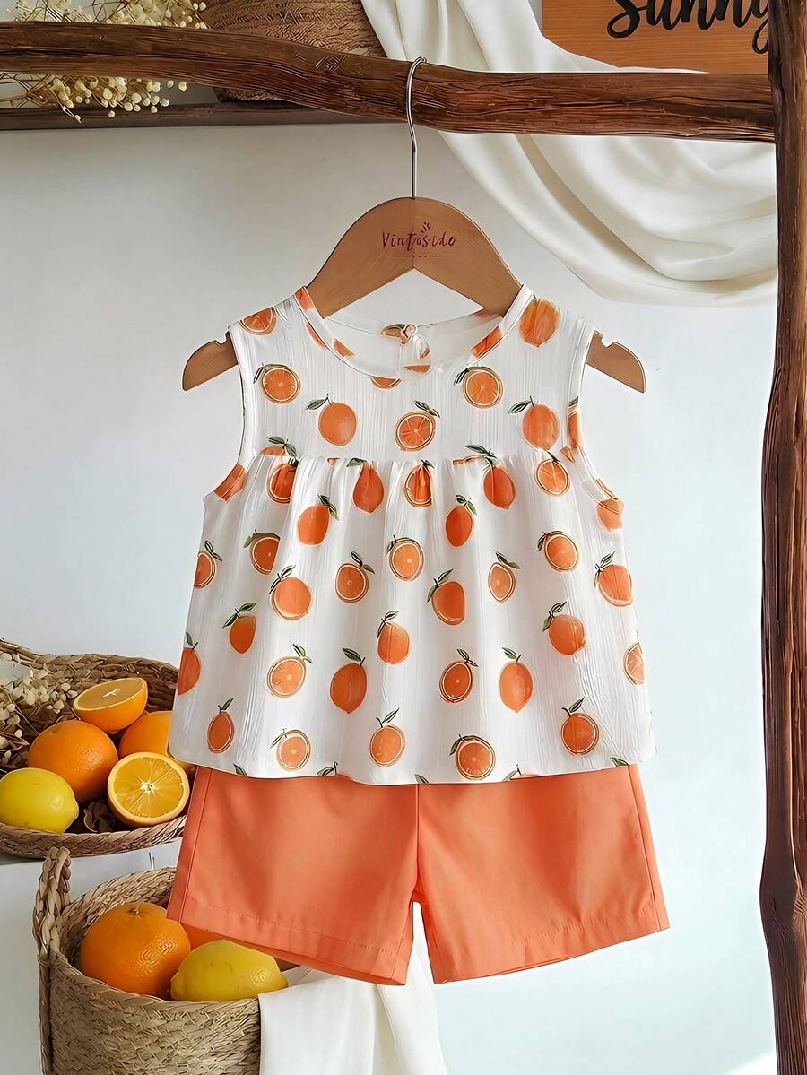 Cherry Print Sleeveless Top and Red Shorts Set for Baby Girls