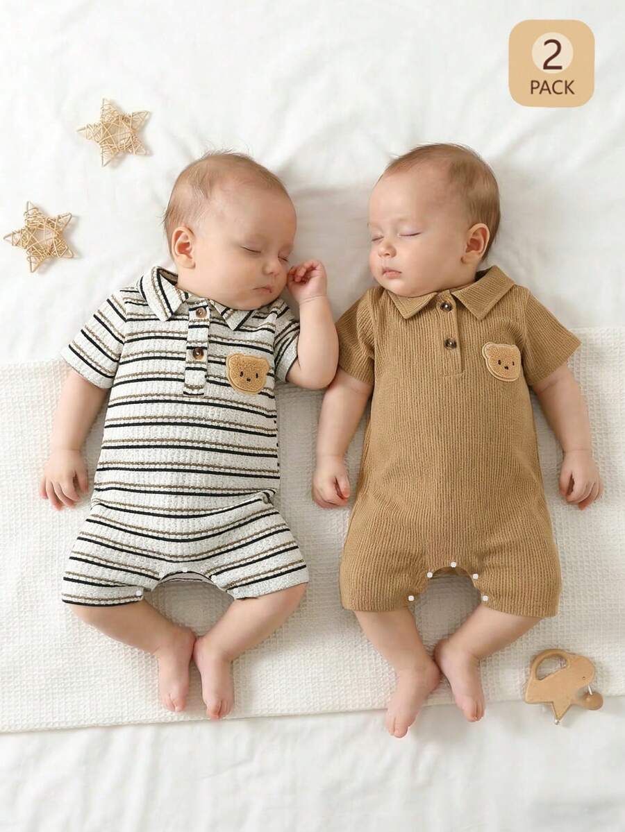 2PCS Baby Color Block Stripe Collared Romper and Shorts Set for Casual Daily Wear