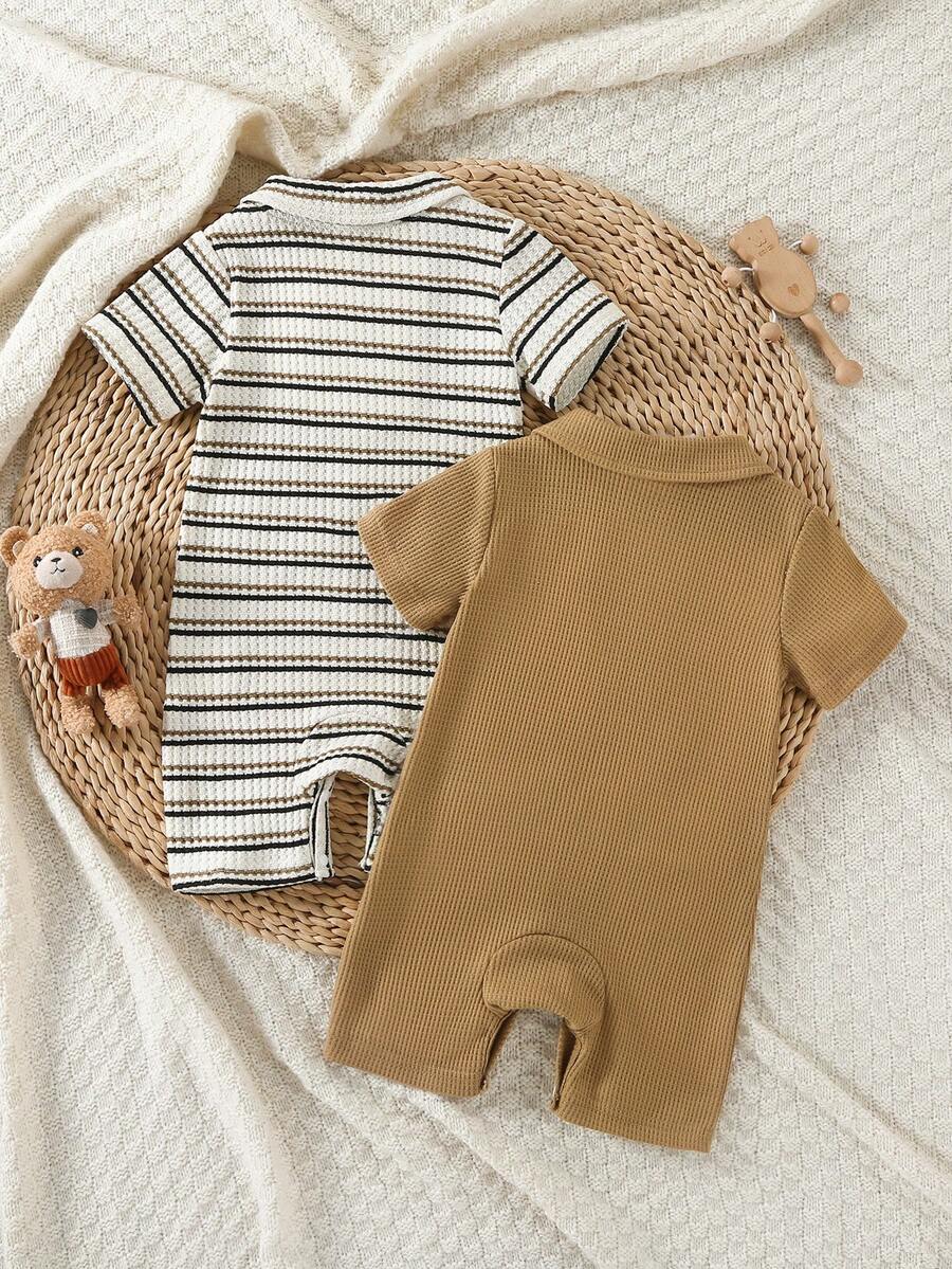 2PCS Baby Color Block Stripe Collared Romper and Shorts Set for Casual Daily Wear