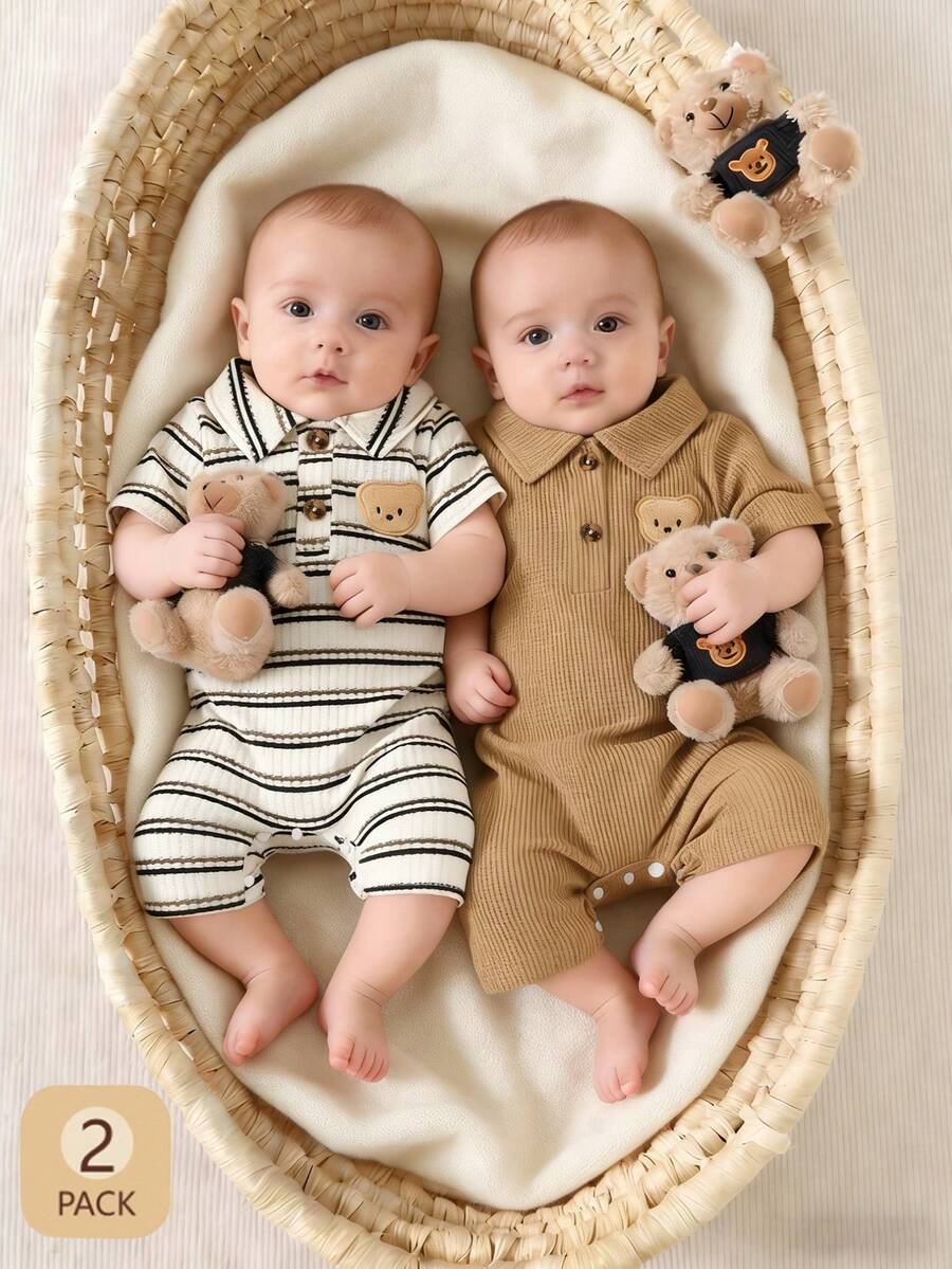 2PCS Baby Color Block Stripe Collared Romper and Shorts Set for Casual Daily Wear