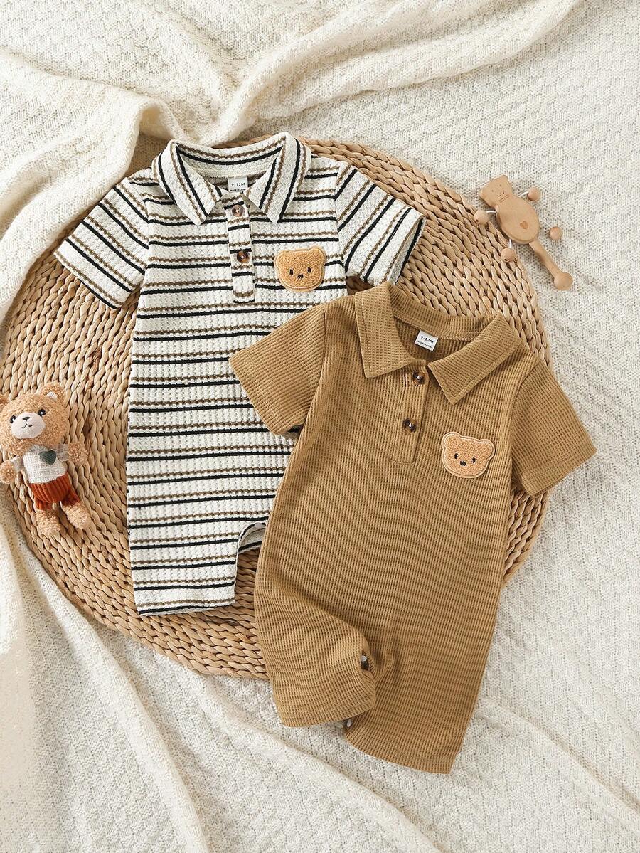 2PCS Baby Color Block Stripe Collared Romper and Shorts Set for Casual Daily Wear