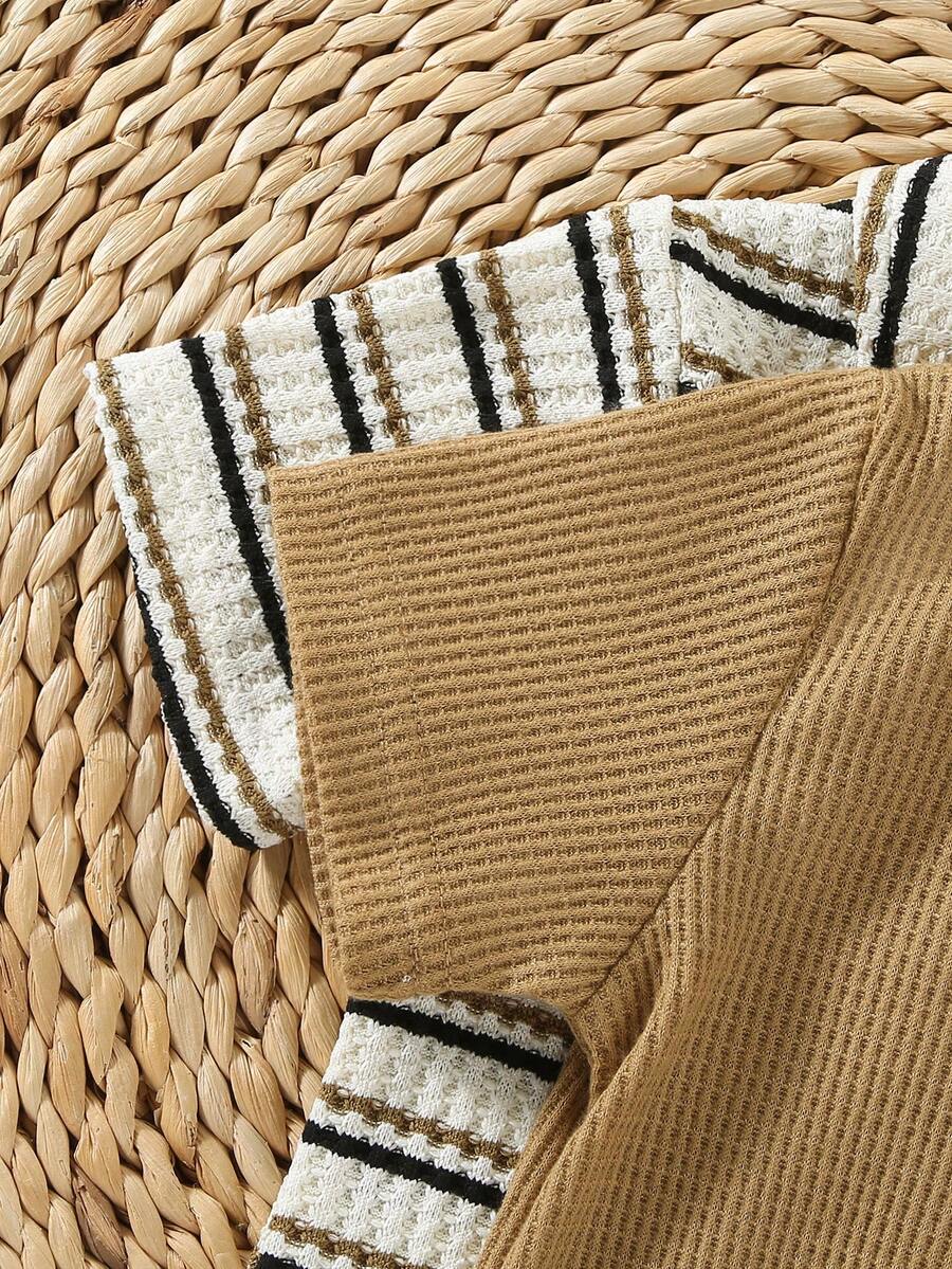2PCS Baby Color Block Stripe Collared Romper and Shorts Set for Casual Daily Wear