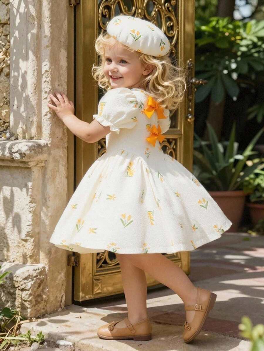 Baby Girls Cherry Plaid Dress And Beret Hat Set Cute Summer Vacation Outfit