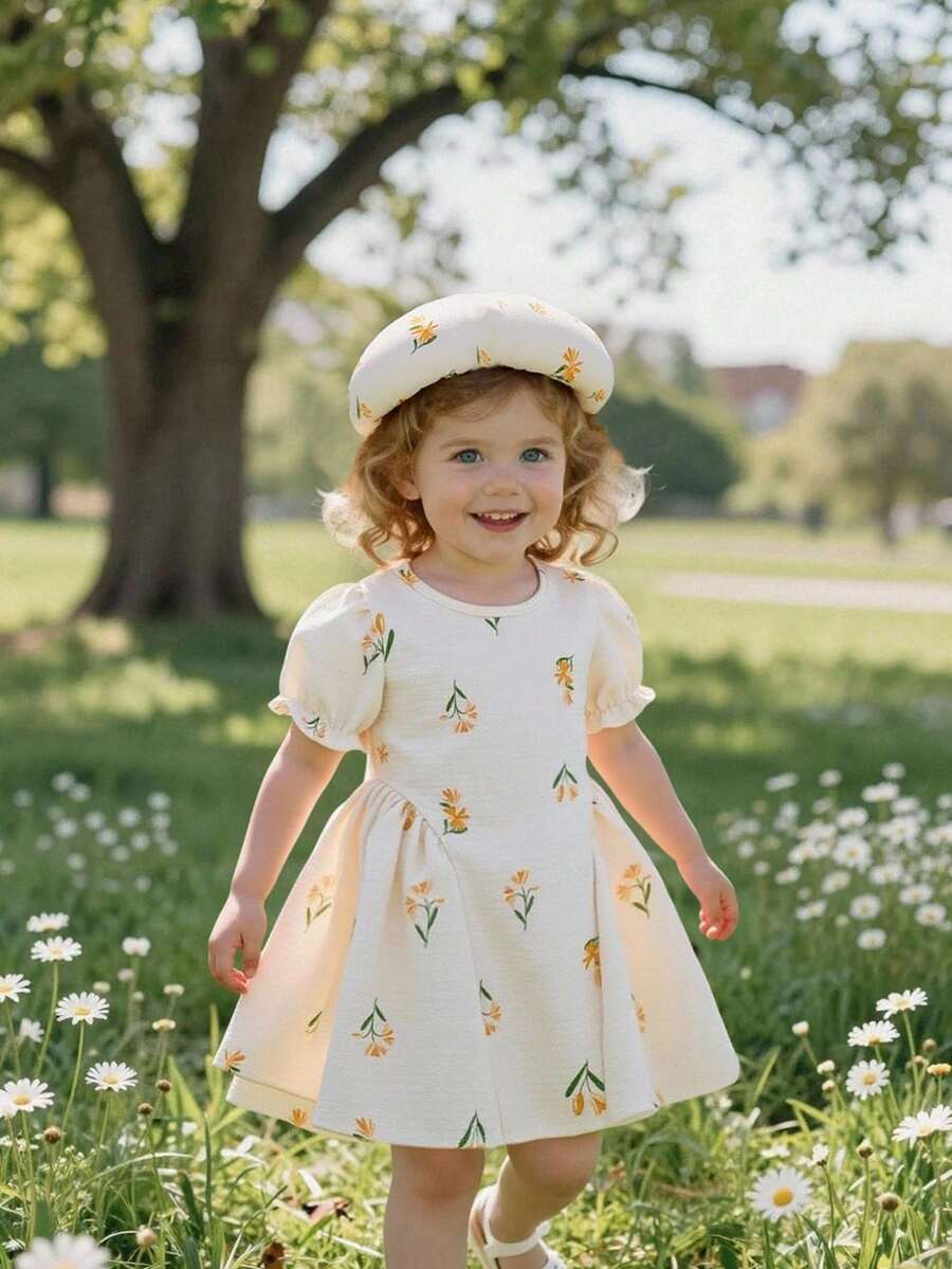 Baby Girls Cherry Plaid Dress And Beret Hat Set Cute Summer Vacation Outfit