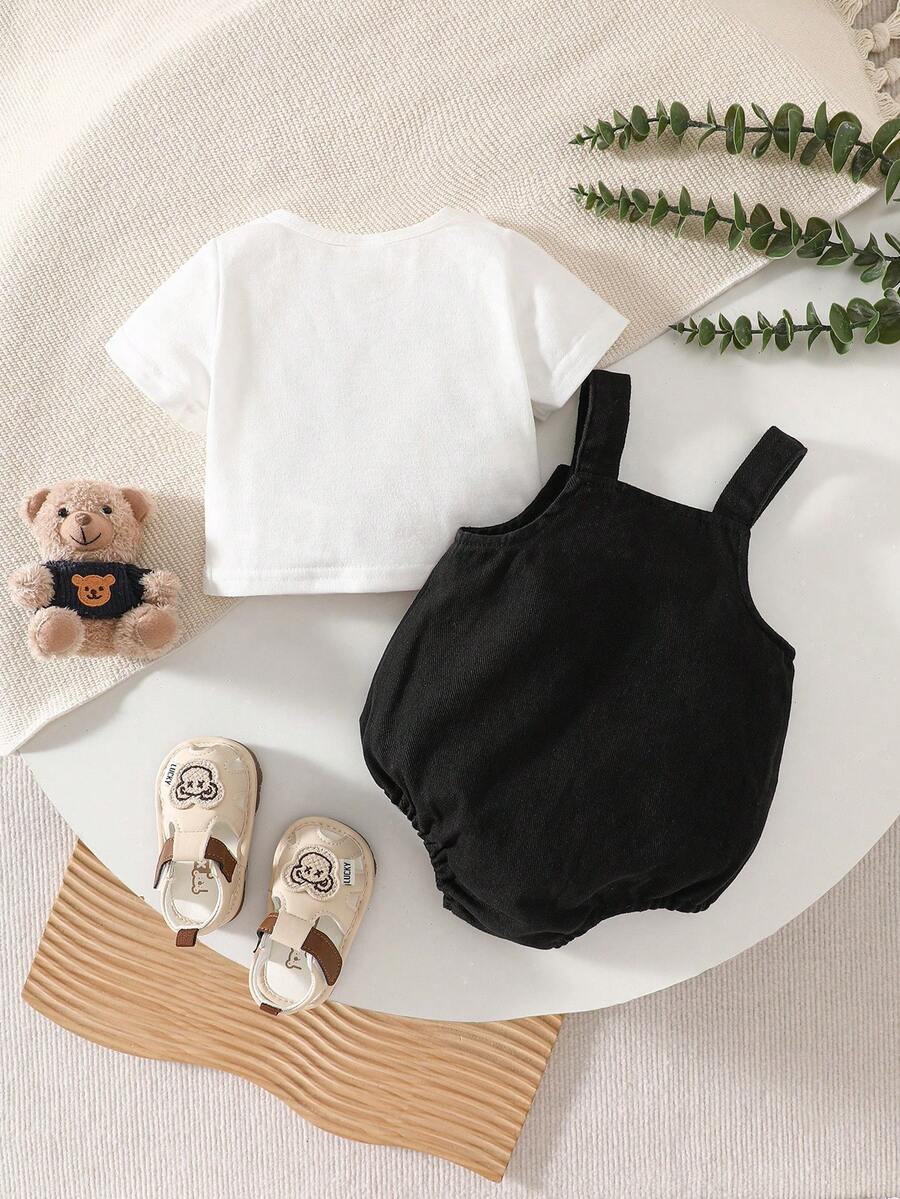 2PCS Baby Boy Striped T Shirt and Bear Suspender Shorts Set for Cute Summer Daily Wear
