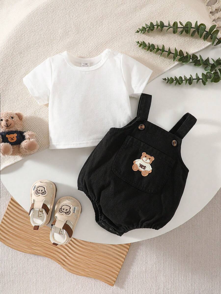 2PCS Baby Boy Striped T Shirt and Bear Suspender Shorts Set for Cute Summer Daily Wear