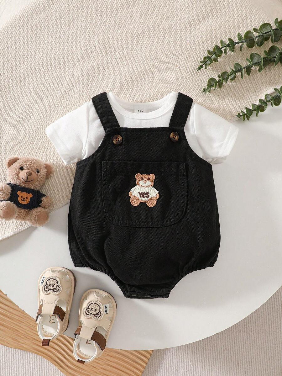 2PCS Baby Boy Striped T Shirt and Bear Suspender Shorts Set for Cute Summer Daily Wear
