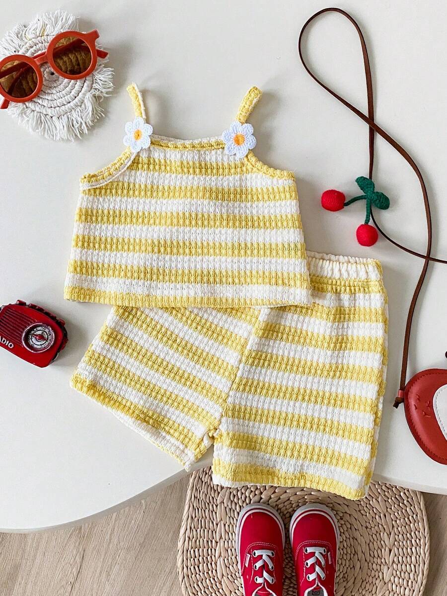 Striped Knit Camisole And Shorts Set For Baby Girls Summer Vacation Wear
