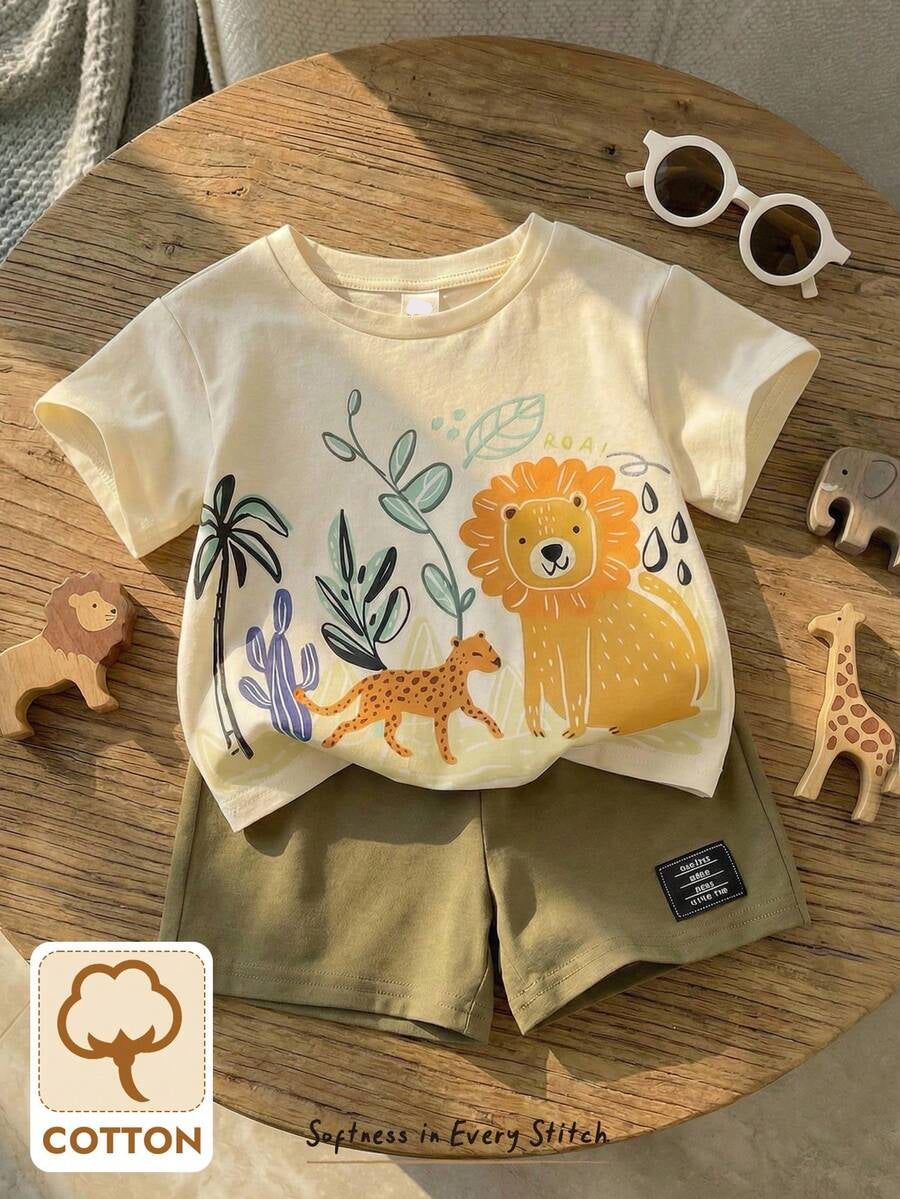 Baby Boy Animal Crayon Print T Shirt and Knitted Shorts 2 Piece Casual Spring Summer Outfit Set