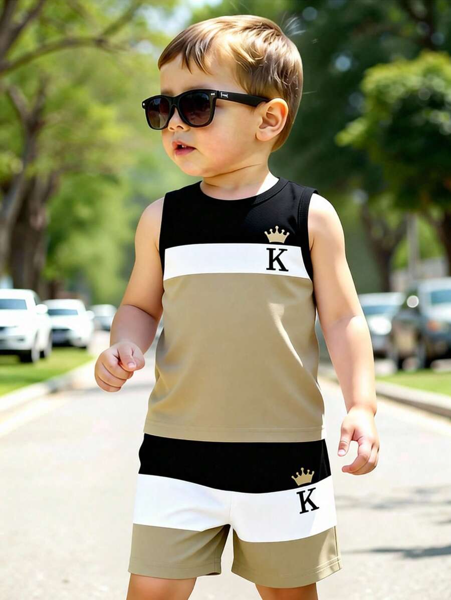 Baby Boy Gradient Logo Print Tank Top and Shorts 2 Piece Casual Summer Outfit Set