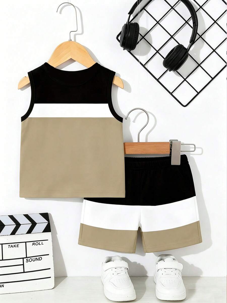 Baby Boy Gradient Logo Print Tank Top and Shorts 2 Piece Casual Summer Outfit Set