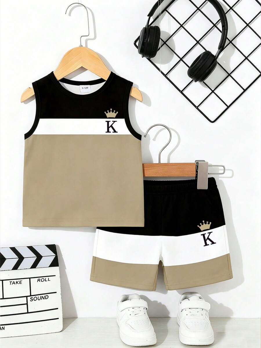 Baby Boy Gradient Logo Print Tank Top and Shorts 2 Piece Casual Summer Outfit Set