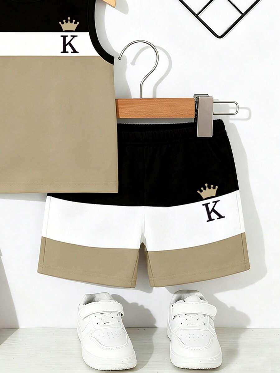 Baby Boy Gradient Logo Print Tank Top and Shorts 2 Piece Casual Summer Outfit Set