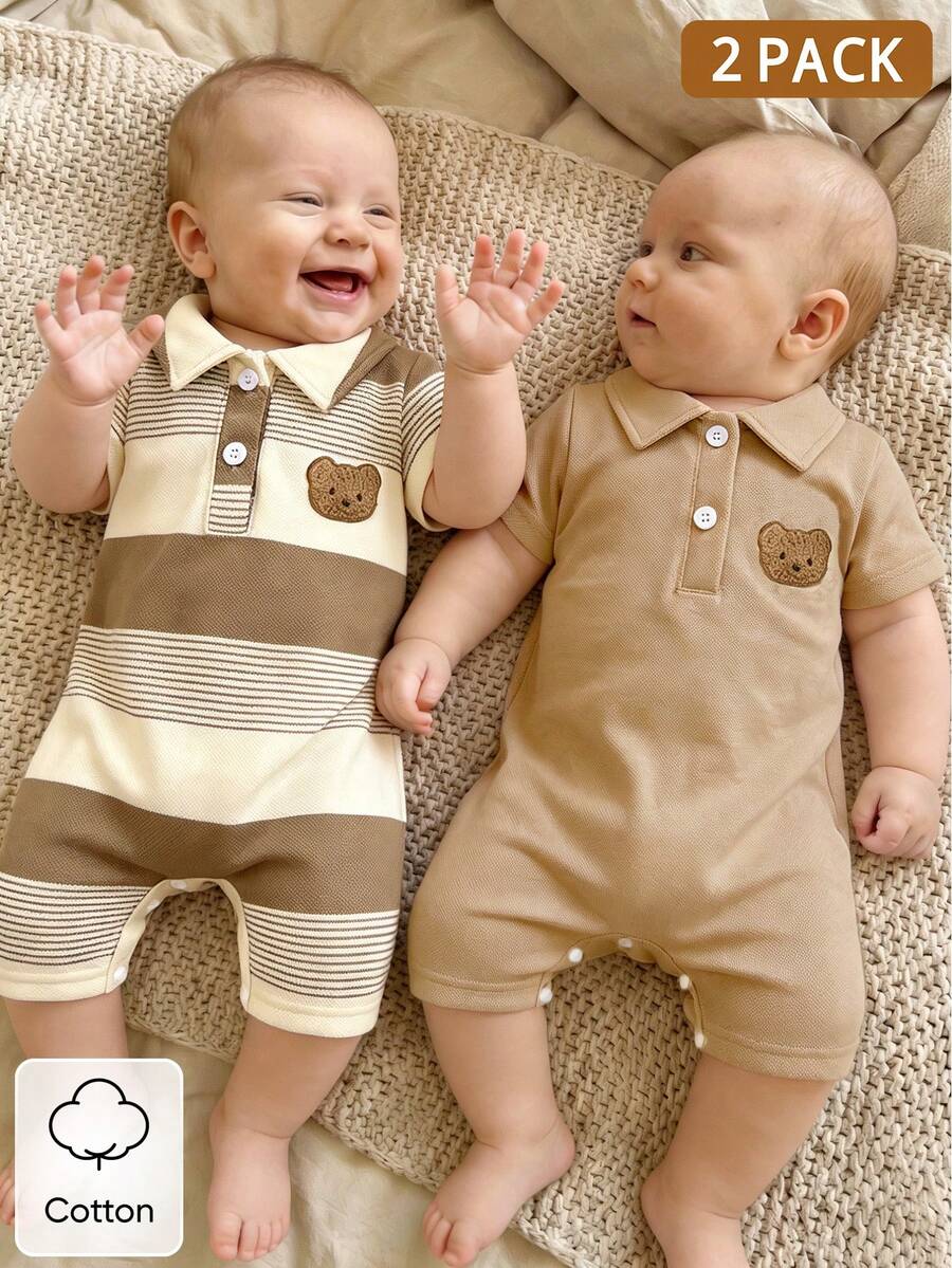 2PCS Baby Color Block Stripe Collared Romper and Shorts Set for Casual Daily Wear