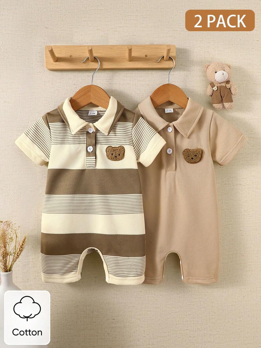 2PCS Baby Color Block Stripe Collared Romper and Shorts Set for Casual Daily Wear