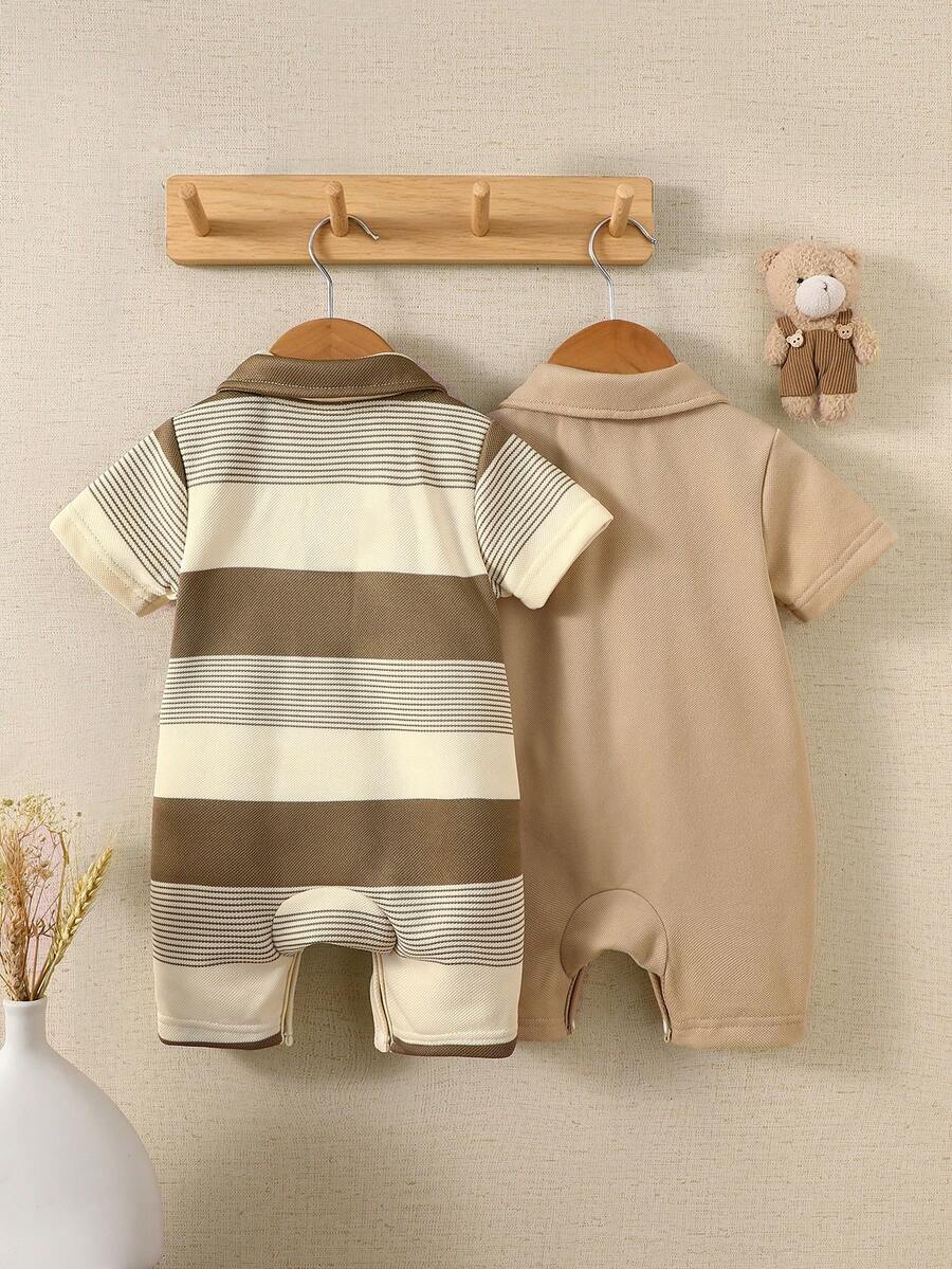 2PCS Baby Color Block Stripe Collared Romper and Shorts Set for Casual Daily Wear