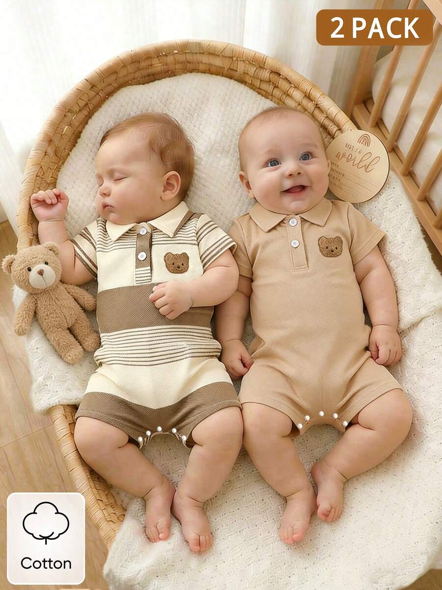 2PCS Baby Color Block Stripe Collared Romper and Shorts Set for Casual Daily Wear