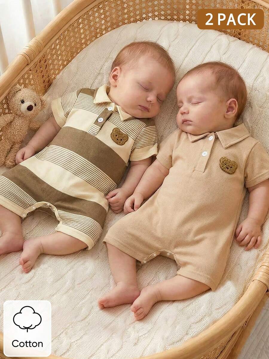 2PCS Baby Color Block Stripe Collared Romper and Shorts Set for Casual Daily Wear