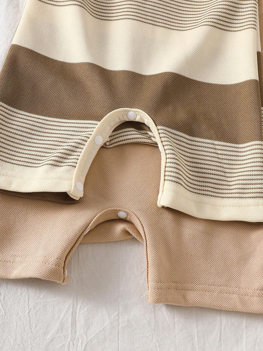 2PCS Baby Color Block Stripe Collared Romper and Shorts Set for Casual Daily Wear