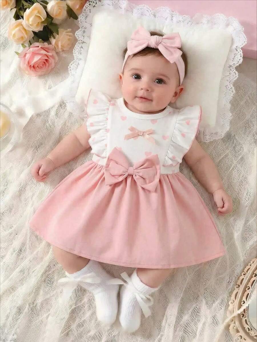 Baby Lace Collar Pink Bow Dress for Elegant Retro Summer Wear