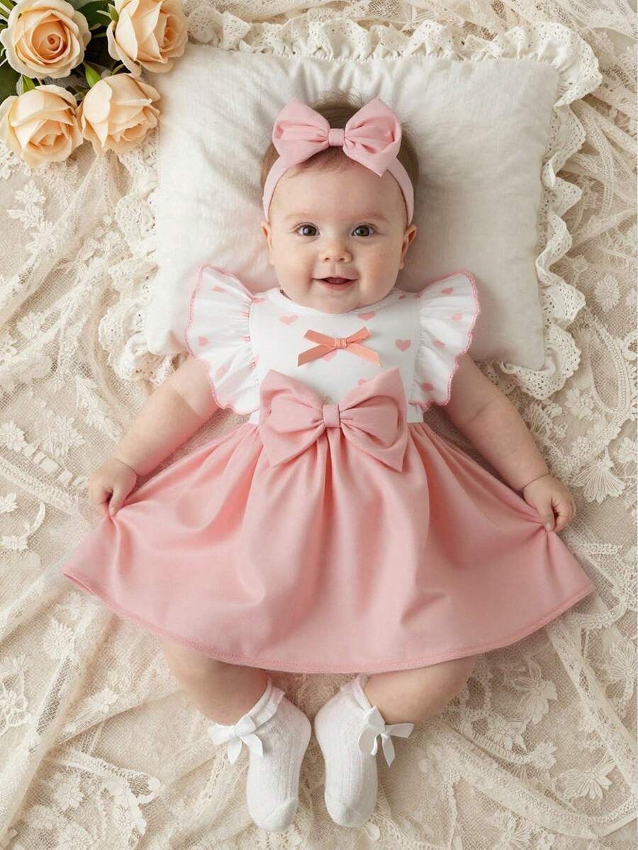 Baby Lace Collar Pink Bow Dress for Elegant Retro Summer Wear
