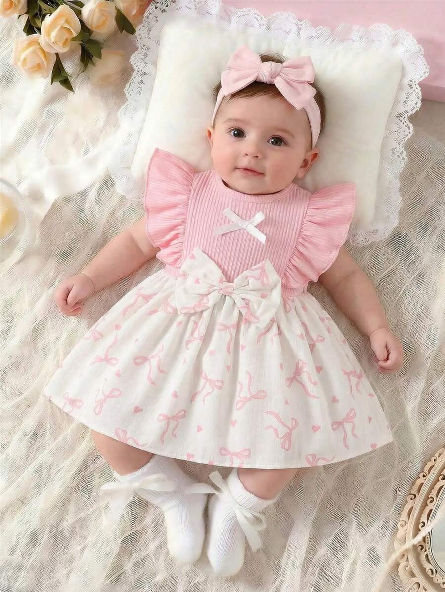 Baby Lace Collar Pink Bow Dress for Elegant Retro Summer Wear