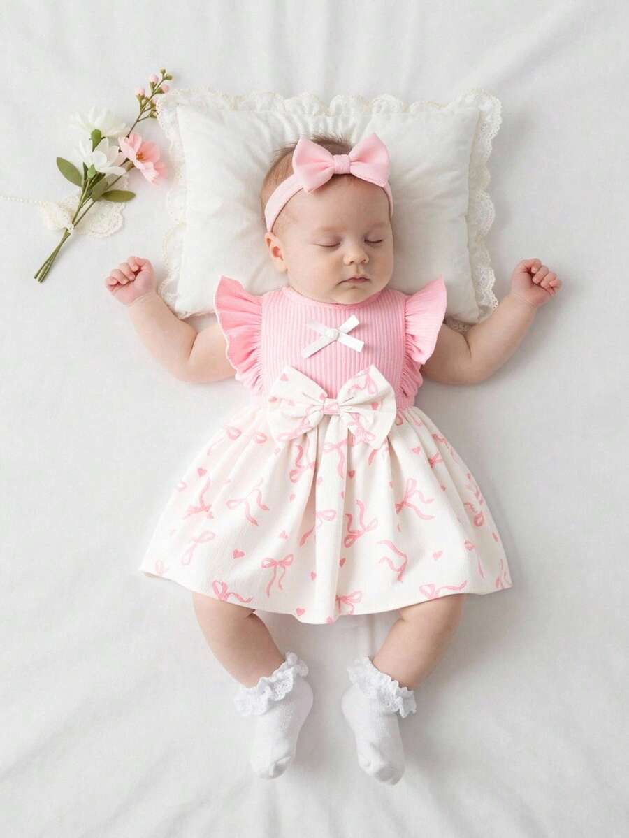 Baby Lace Collar Pink Bow Dress for Elegant Retro Summer Wear