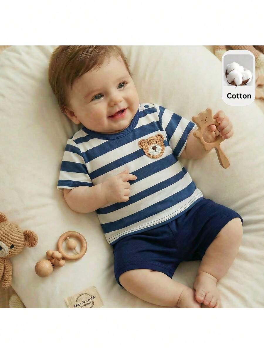 Newborn Boy & Girl Summer Knit Outfit -Cute Cartoon Bear Striped Shirt & Shorts Set