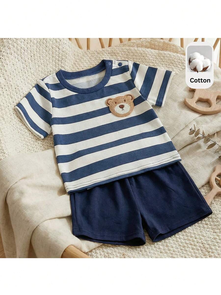Newborn Boy & Girl Summer Knit Outfit -Cute Cartoon Bear Striped Shirt & Shorts Set