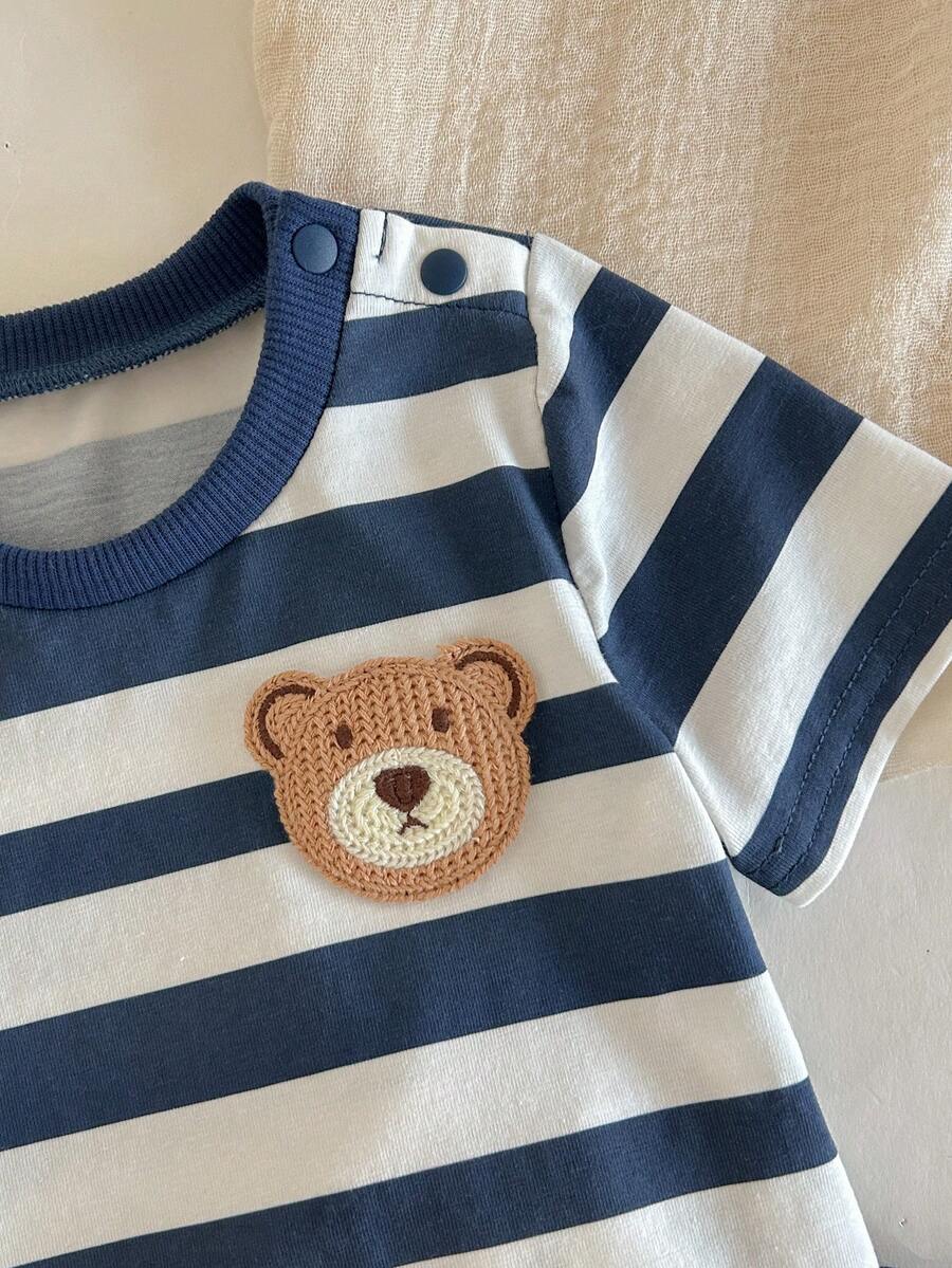 Newborn Boy & Girl Summer Knit Outfit -Cute Cartoon Bear Striped Shirt & Shorts Set