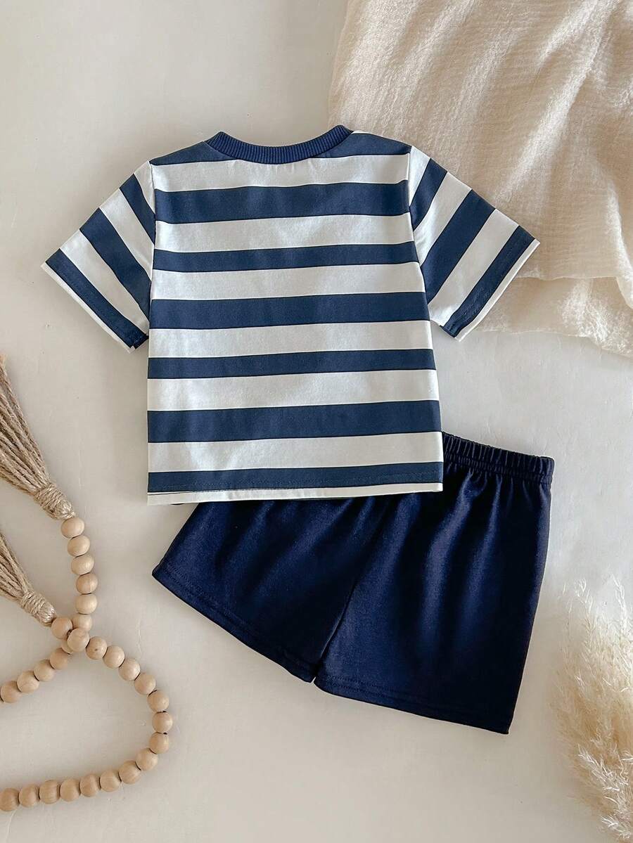 Newborn Boy & Girl Summer Knit Outfit -Cute Cartoon Bear Striped Shirt & Shorts Set