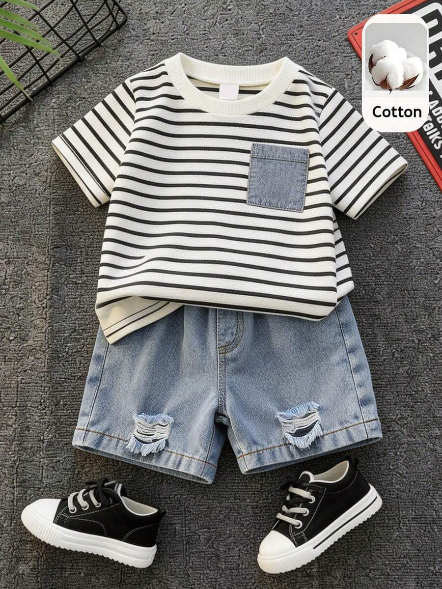 Baby Boy Black and White Striped T Shirt and Denim Shorts 2 Piece Casual Spring Summer Outfit Set