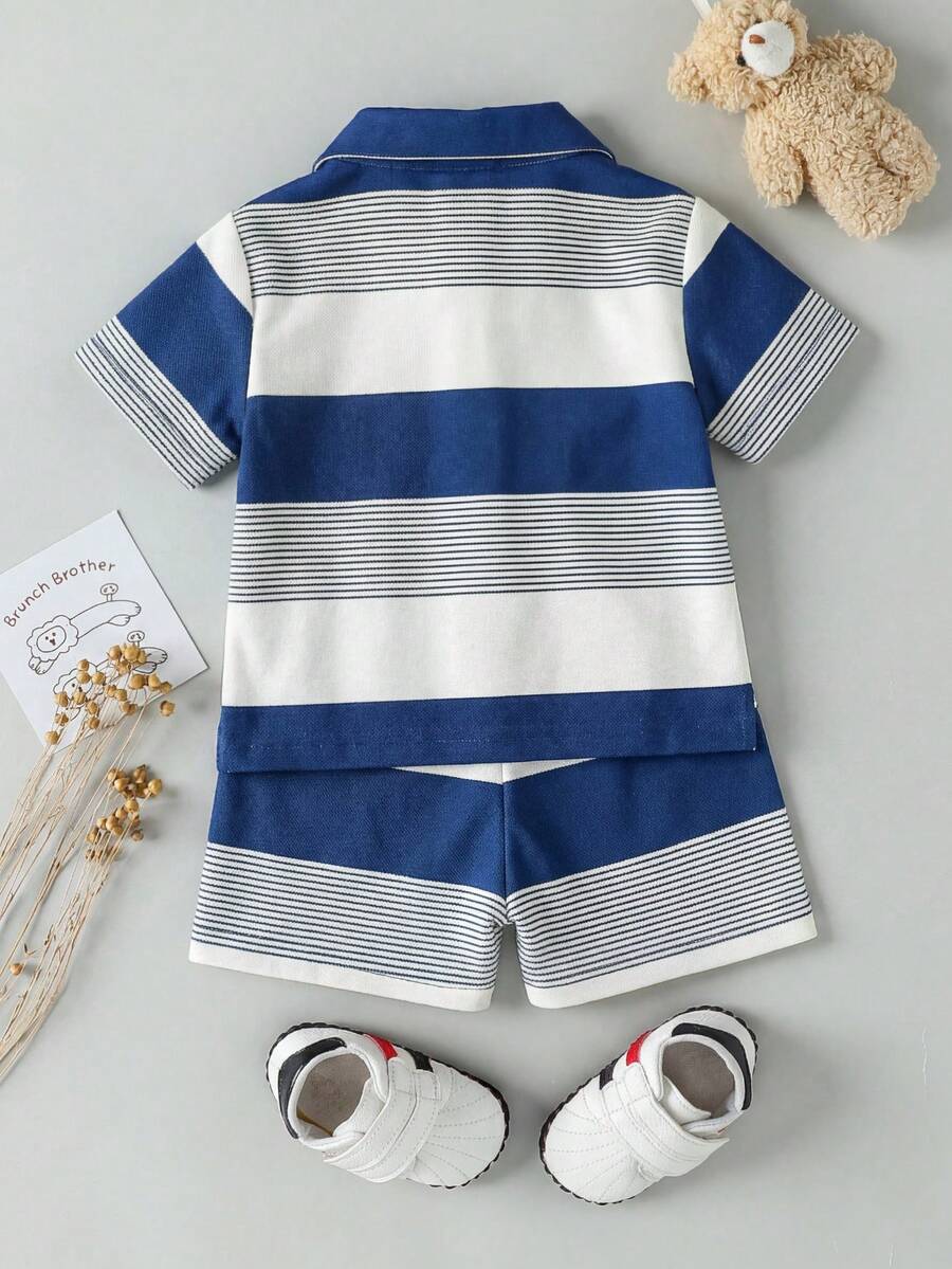 Infant Boys Casual Striped Short Sleeve Polo and Shorts Set with Bear Embroidery