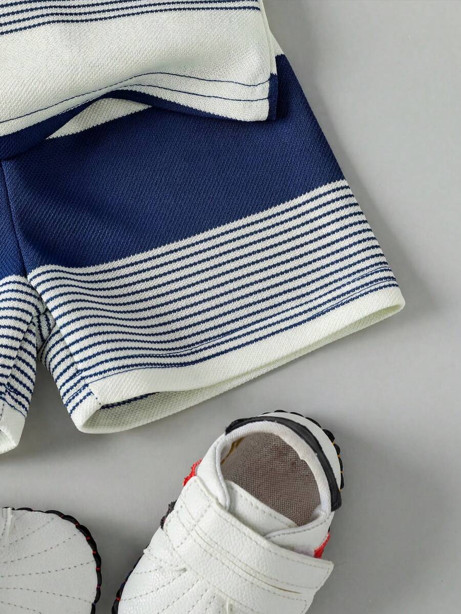 Infant Boys Casual Striped Short Sleeve Polo and Shorts Set with Bear Embroidery