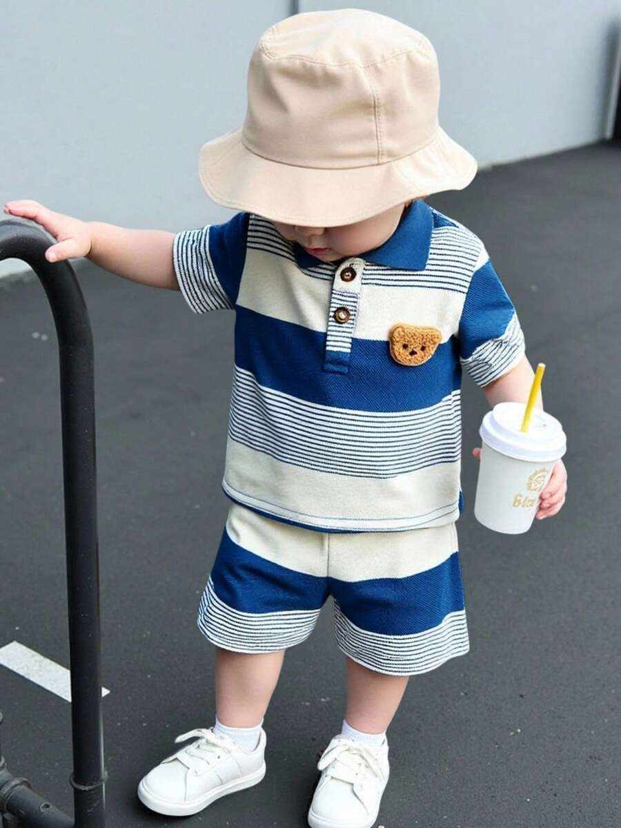 Infant Boys Casual Striped Short Sleeve Polo and Shorts Set with Bear Embroidery