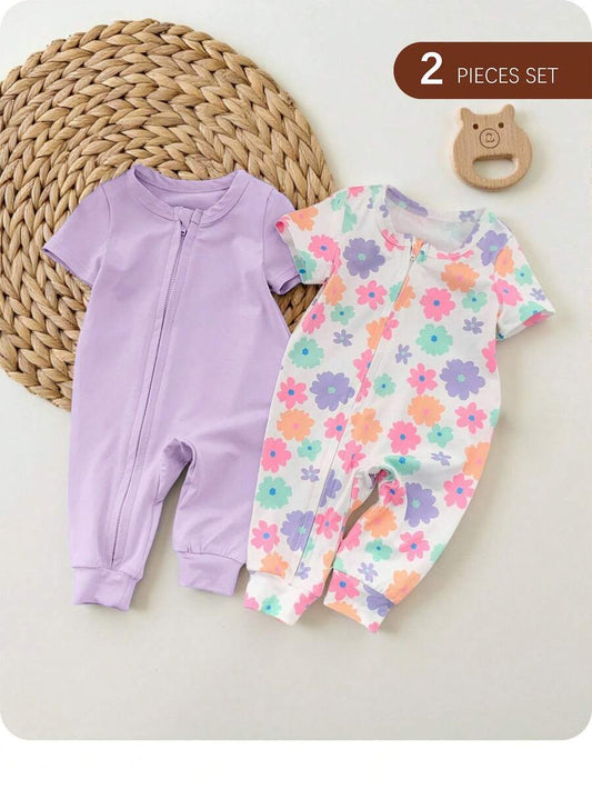 Floral Knitted Short Sleeve Jumpsuit Set for Cute Summer Daily Wear