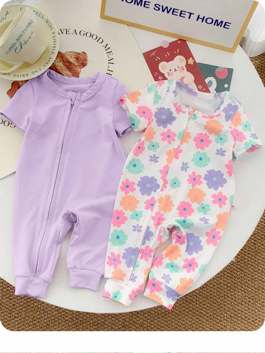 Floral Knitted Short Sleeve Jumpsuit Set for Cute Summer Daily Wear