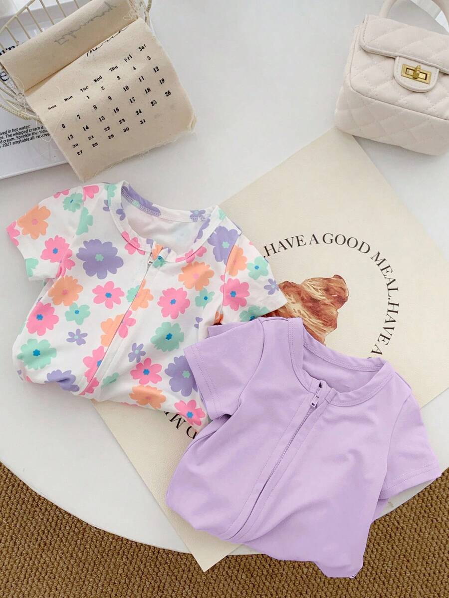 Floral Knitted Short Sleeve Jumpsuit Set for Cute Summer Daily Wear