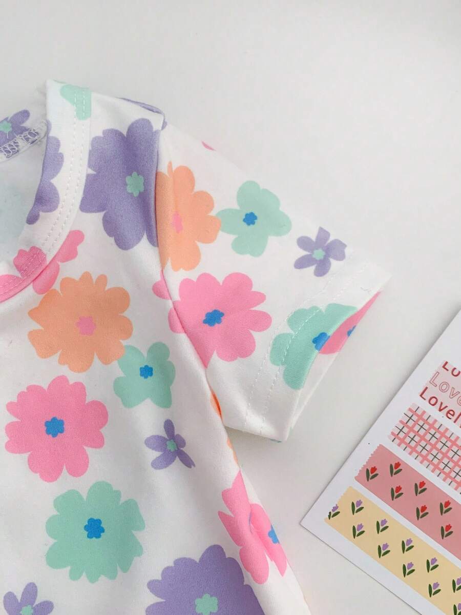 Floral Knitted Short Sleeve Jumpsuit Set for Cute Summer Daily Wear