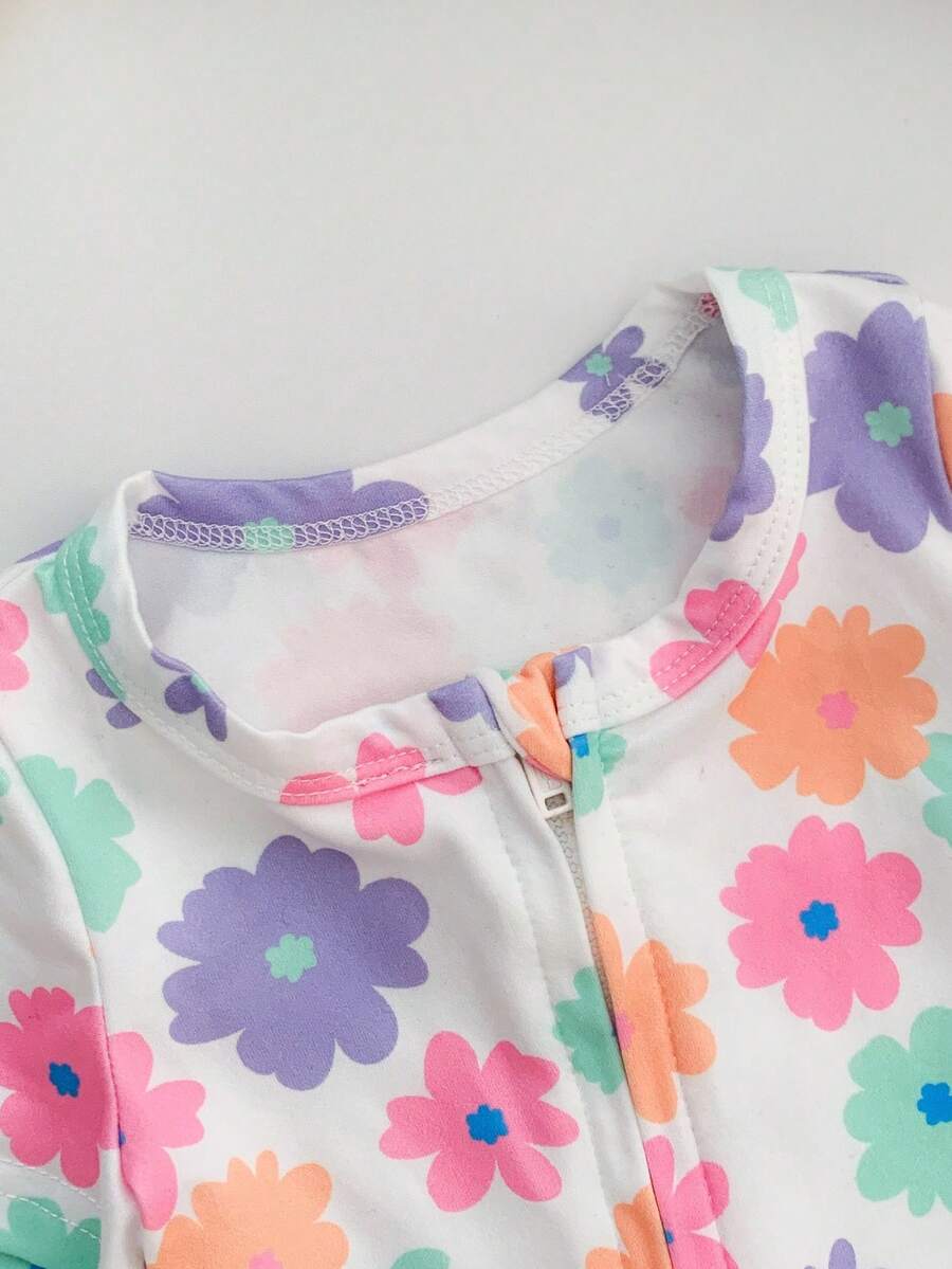 Floral Knitted Short Sleeve Jumpsuit Set for Cute Summer Daily Wear