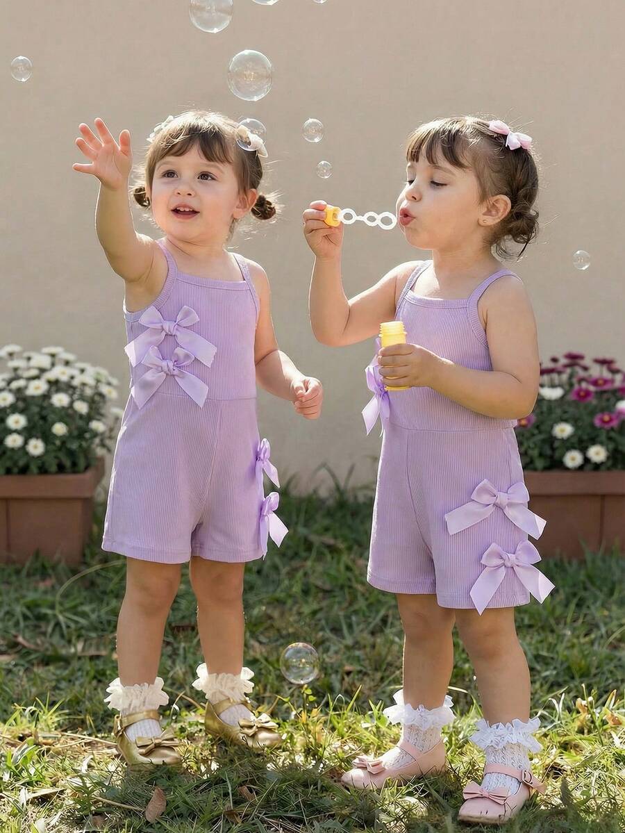 Cute Baby Girl Sleeveless Ribbed Short Jumpsuit With Bow Detail Casual Summer Wear