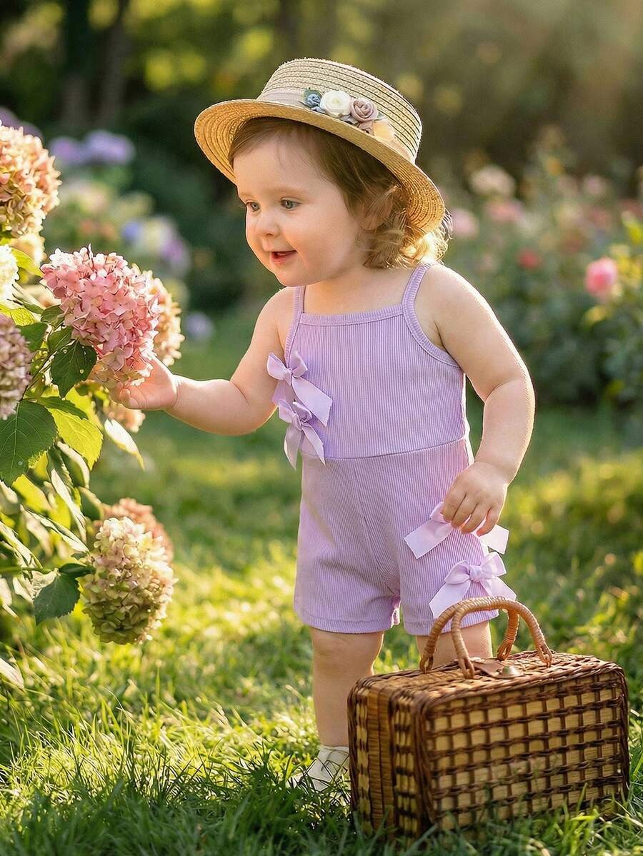 Cute Baby Girl Sleeveless Ribbed Short Jumpsuit With Bow Detail Casual Summer Wear