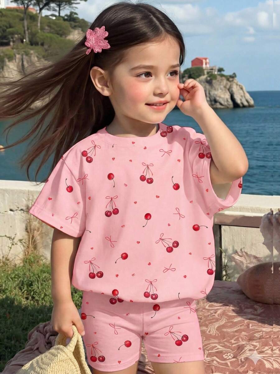 Lemon Fruit & Letter Print Short Sleeve Top and Shorts Set for Baby Girls